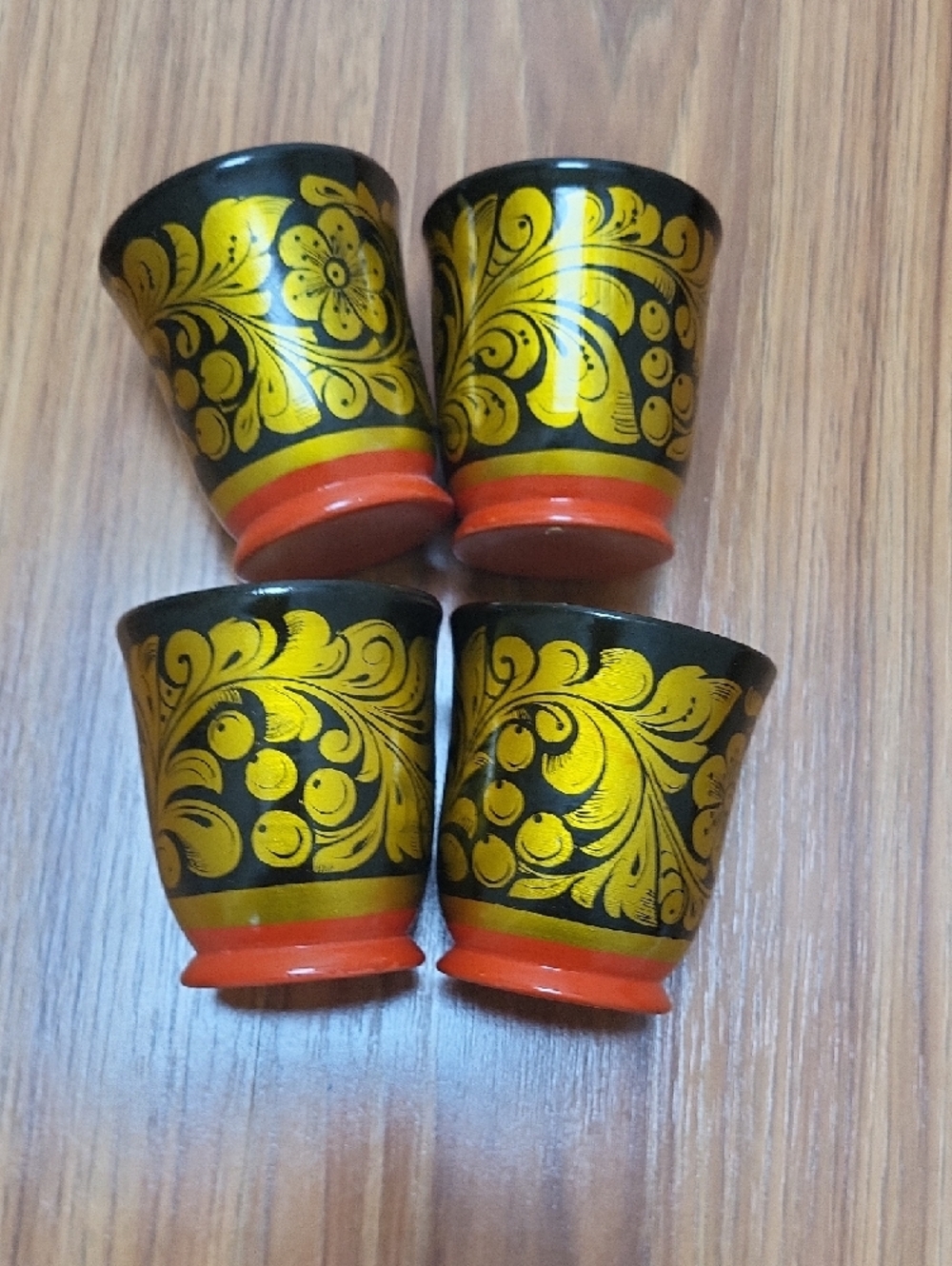 Khokhloma Hand-Painted Yellow and Red Decorative Shot Glasses – Set of 4